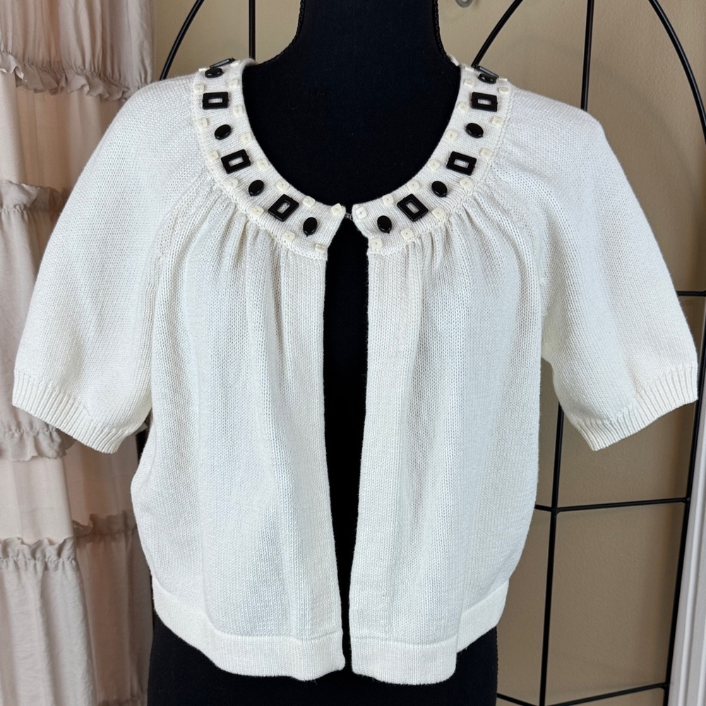 LOFT Off White Open Front Sweater Cardigan with Beaded Black Accents Size M